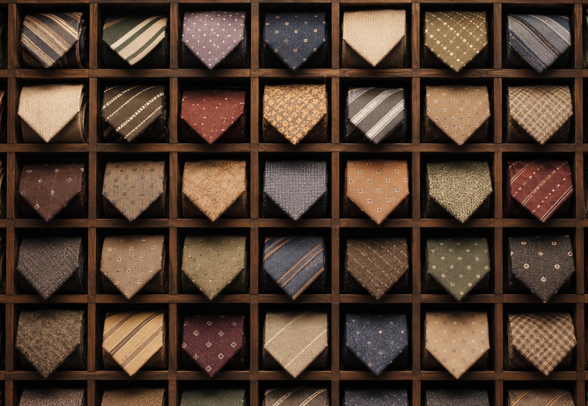 Pocket squares and ties arranged by color and pattern.